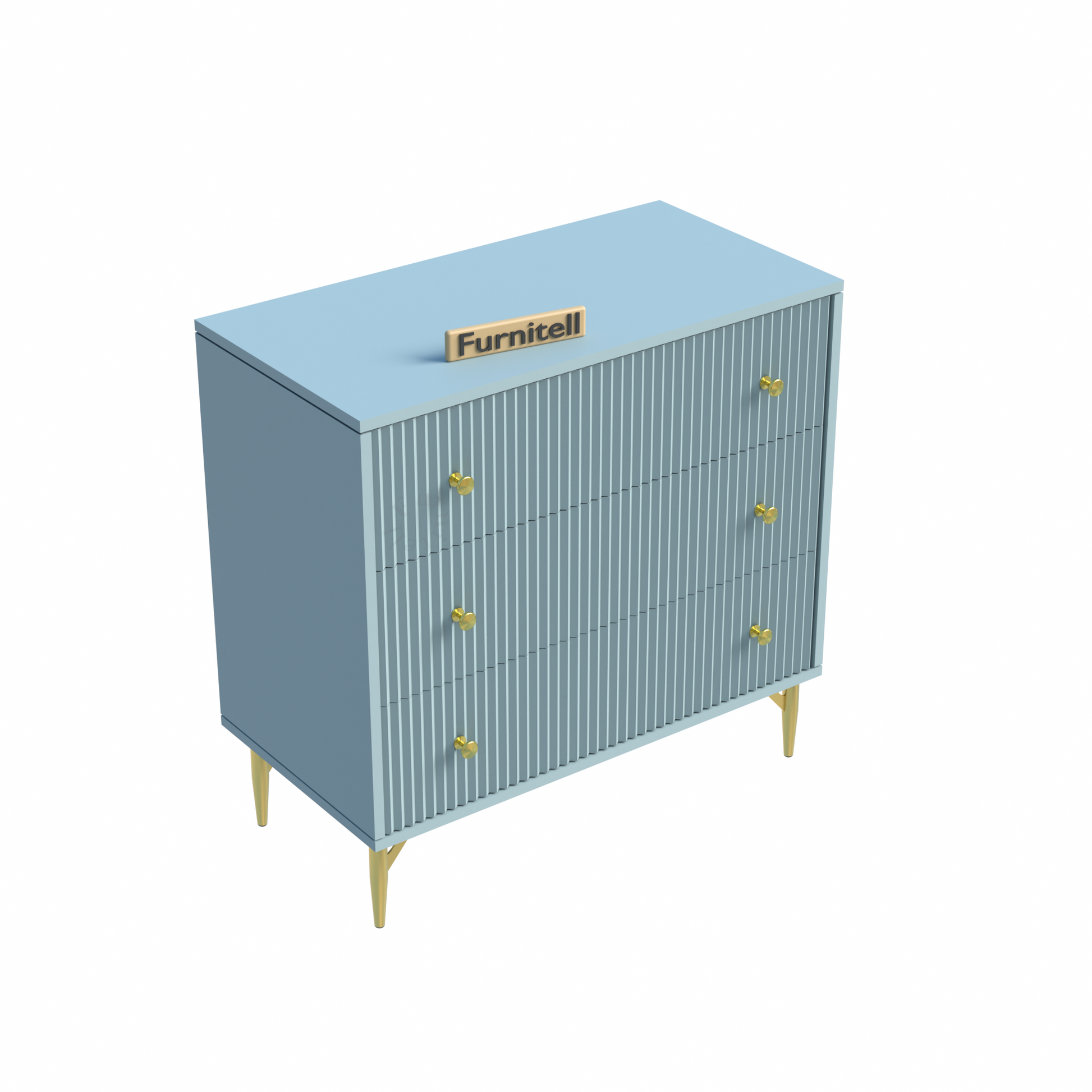 Furnitell Aurelia 3-Drawer Accent Chest – Fluted Light Blue Furnitell