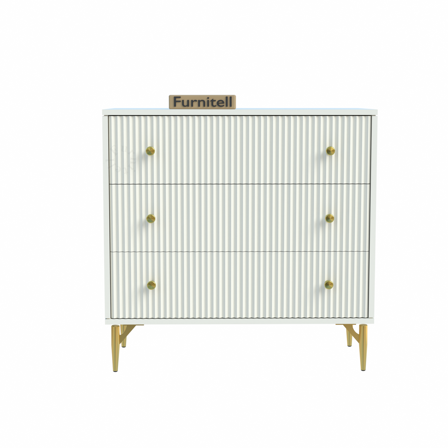 Furnitell Clara 3-Drawer Fluted Dresser – White & Gold Furnitell