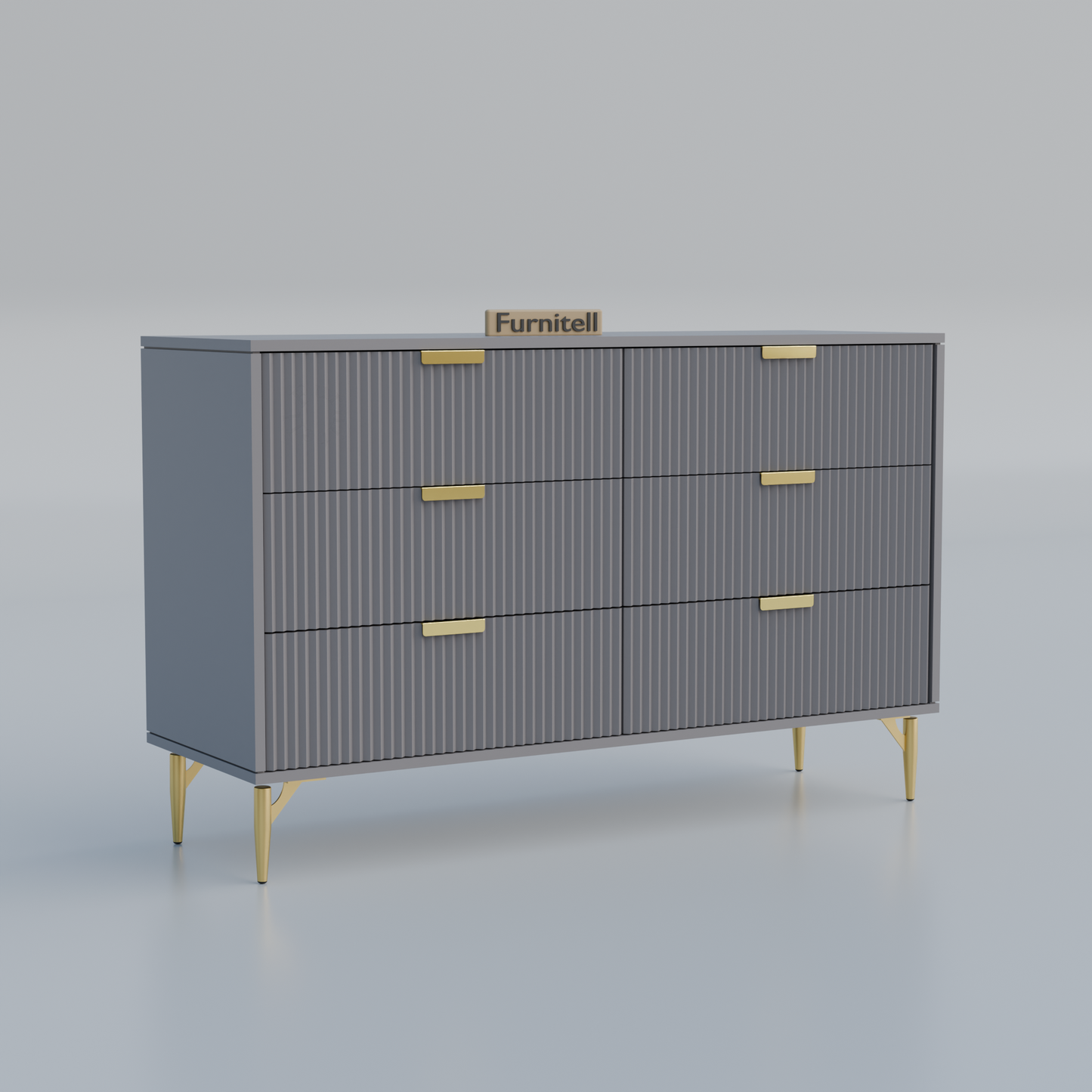 Fluted 6-Drawer Dresser – Sleek Gray & Gold Furnitell