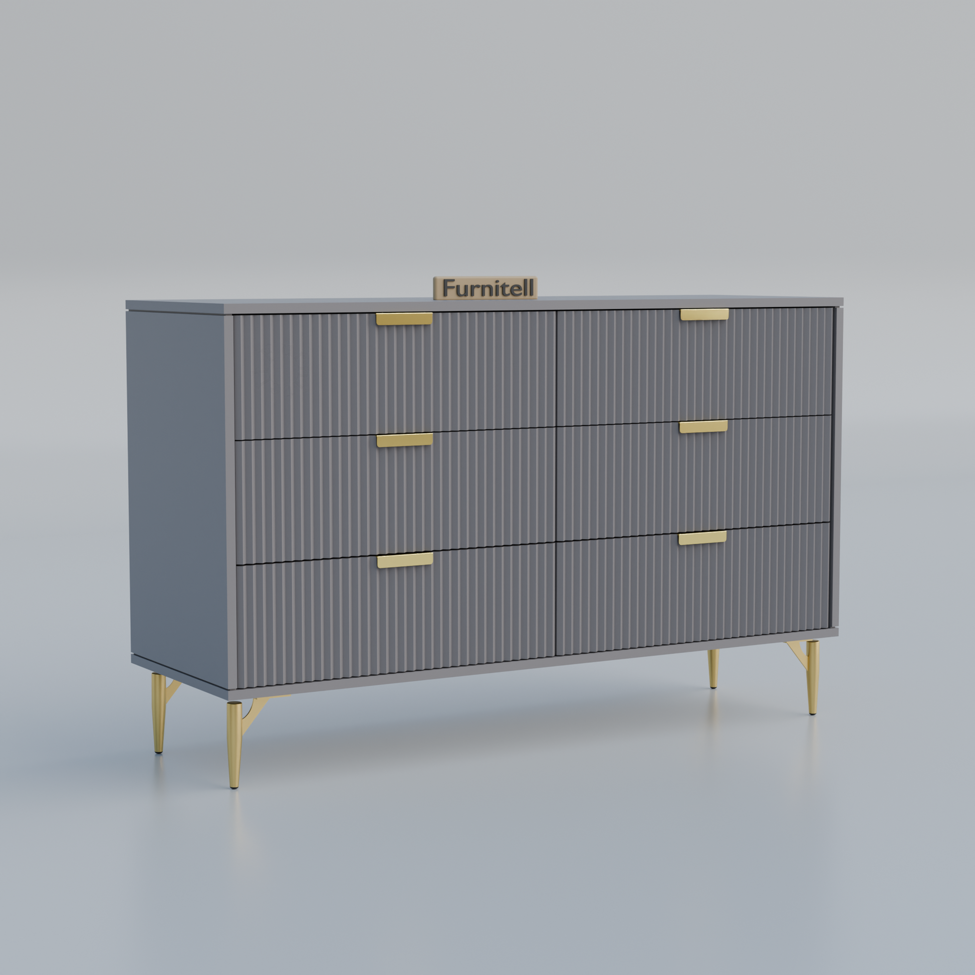Fluted 6-Drawer Dresser – Sleek Gray & Gold Furnitell