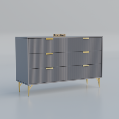Fluted 6-Drawer Dresser – Sleek Gray & Gold Furnitell