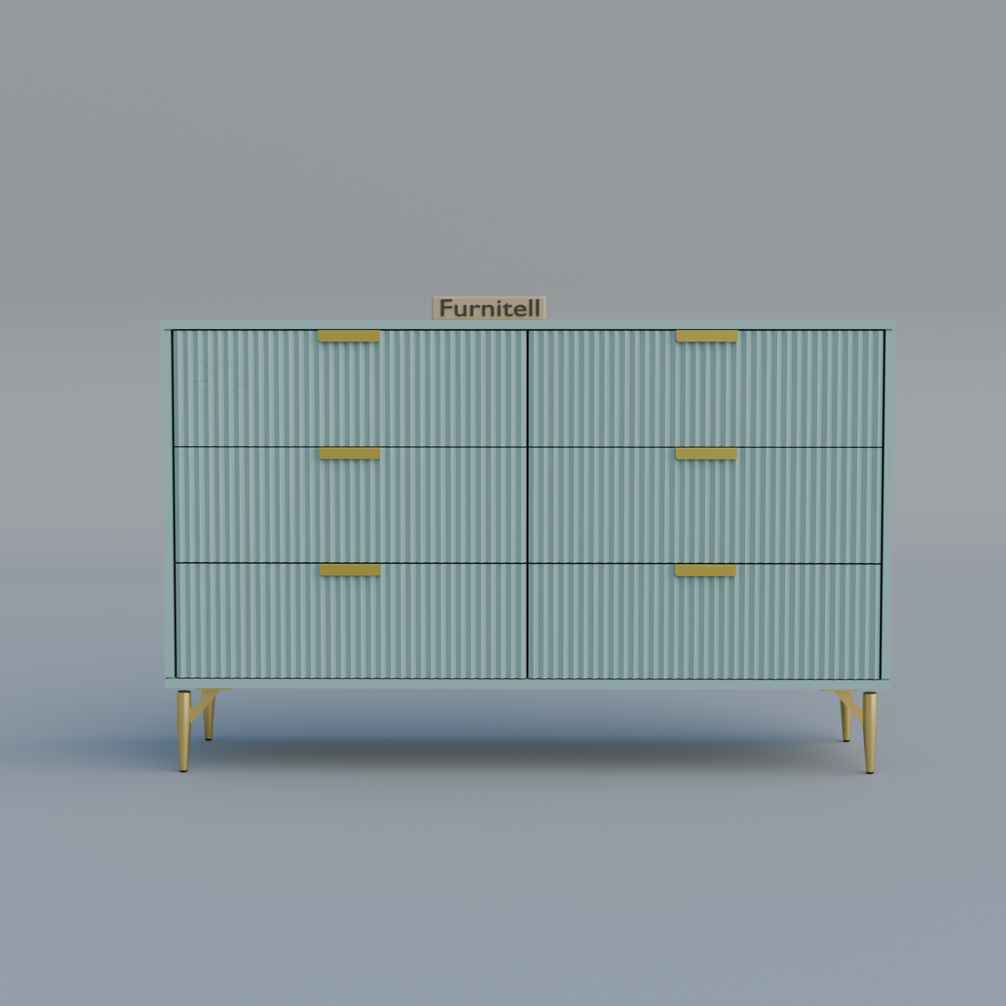 Fluted 6-Drawer Dresser – Dusty Blue & Gold Furnitell