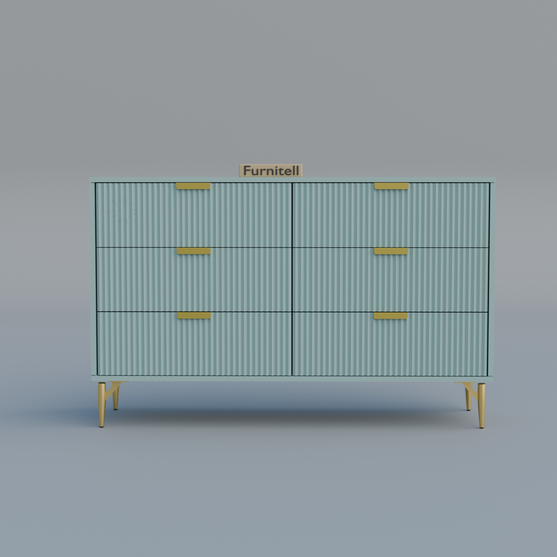 Fluted 6-Drawer Dresser – Dusty Blue & Gold Furnitell