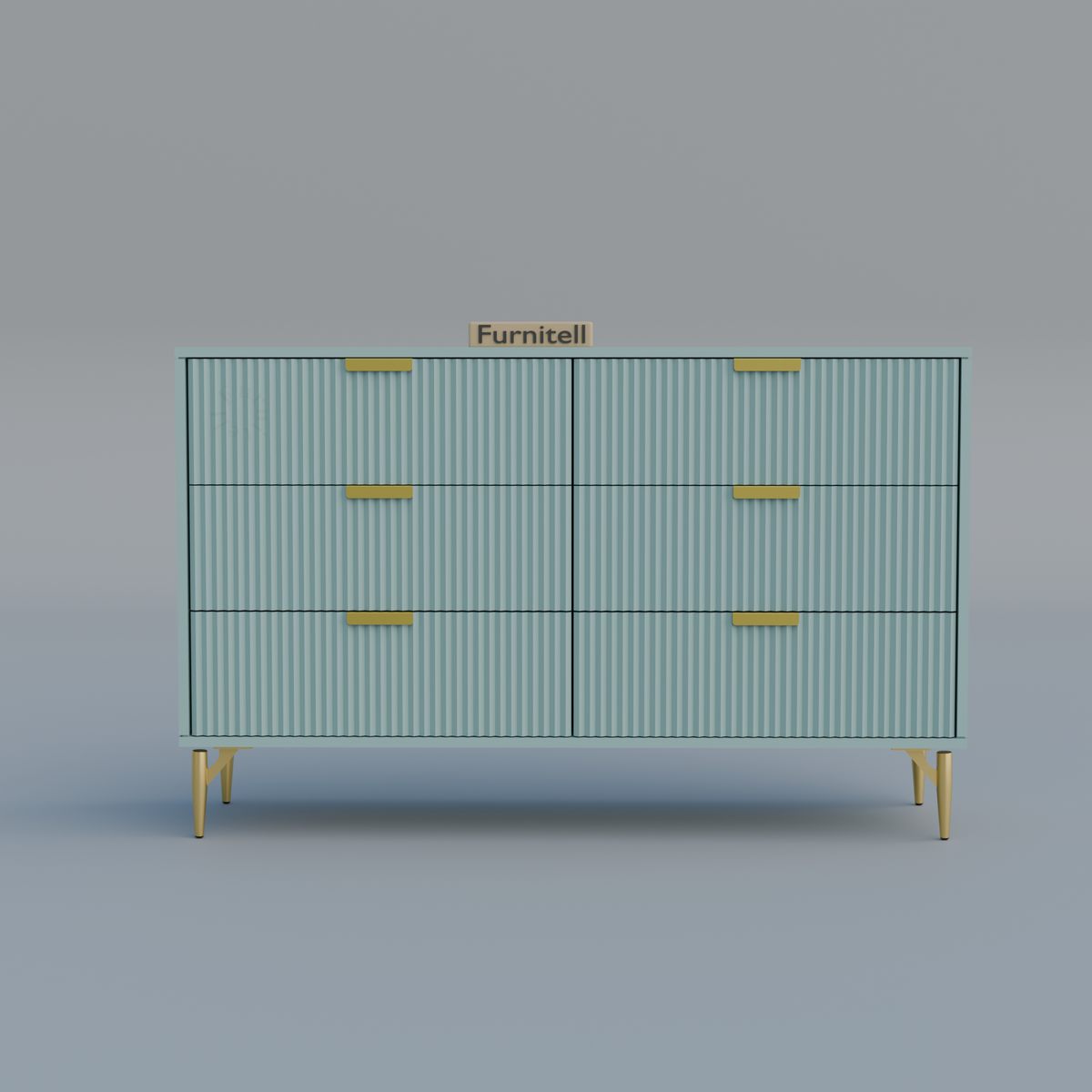 Fluted 6-Drawer Dresser – Dusty Blue & Gold Furnitell