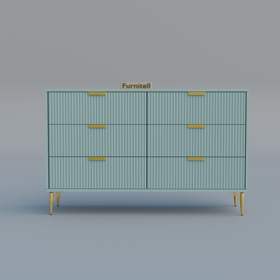 Fluted 6-Drawer Dresser – Dusty Blue & Gold Furnitell