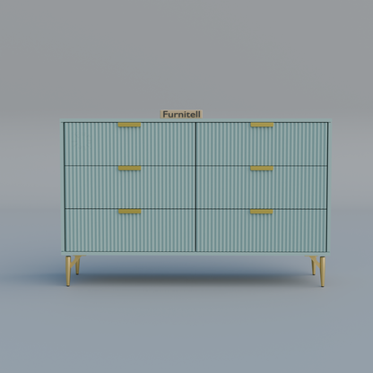 Fluted 6-Drawer Dresser – Dusty Blue & Gold Furnitell