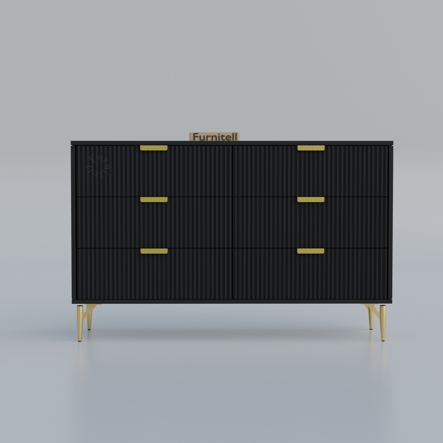 Fluted 6-Drawer Dresser – Matte Black & Gold Furnitell