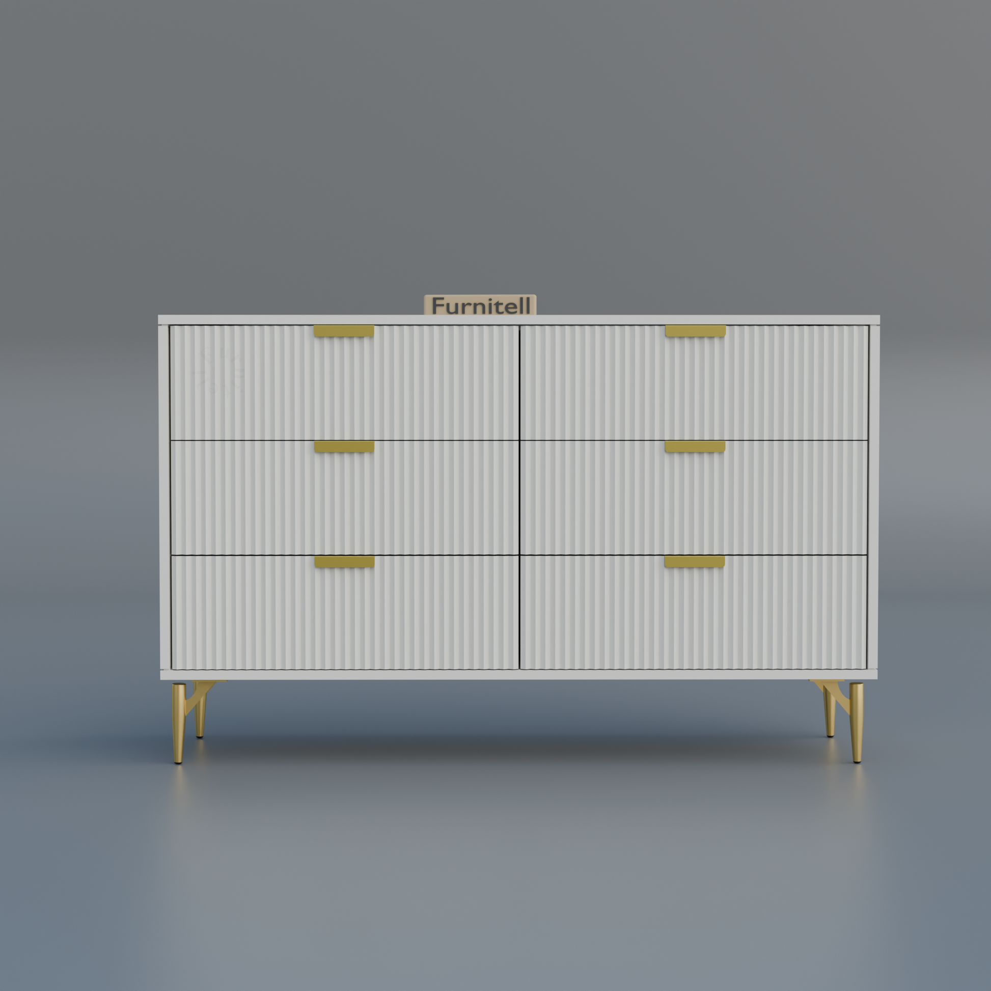 Fluted 6-Drawer Dresser – Crisp White & Gold Furnitell