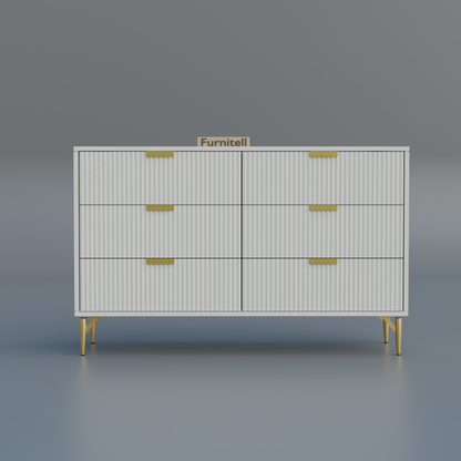 Fluted 6-Drawer Dresser – Crisp White & Gold Furnitell