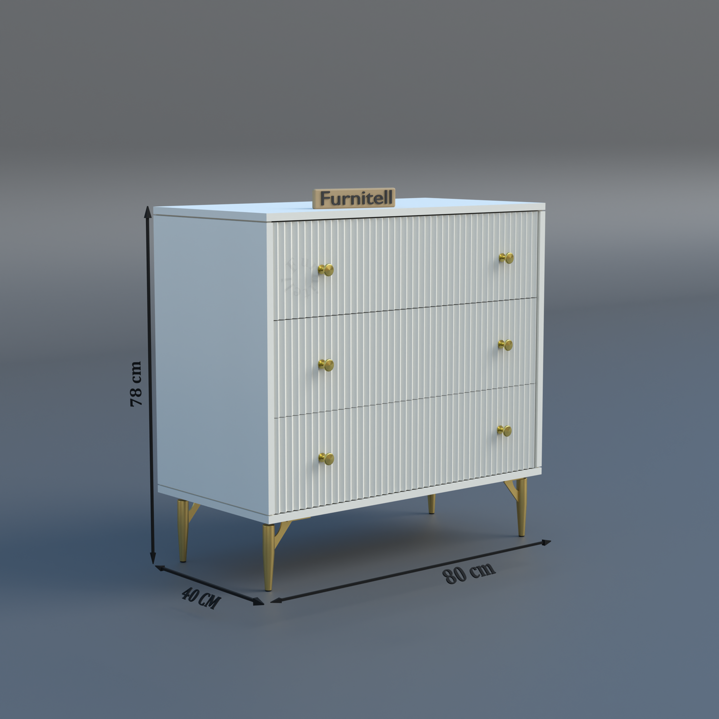 Furnitell Clara 3-Drawer Fluted Dresser – White & Gold Furnitell