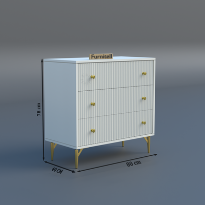 Furnitell Clara 3-Drawer Fluted Dresser – White & Gold Furnitell