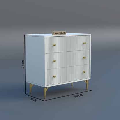 Furnitell Clara 3-Drawer Fluted Dresser – White & Gold Furnitell