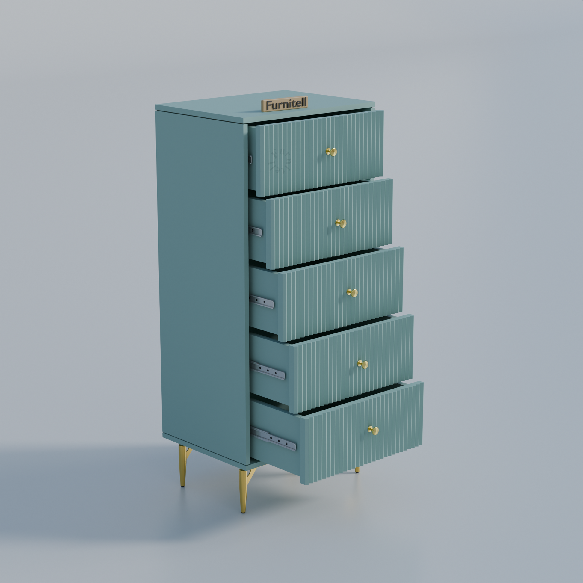 Furnitell 5-Drawer Fluted Tallboy Dresser(Dusty Blue) Furnitell