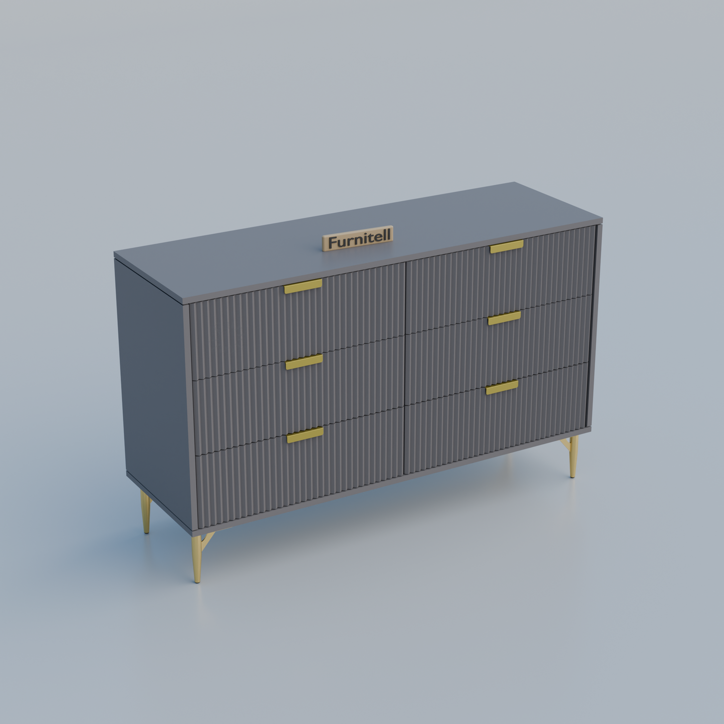 Fluted 6-Drawer Dresser – Sleek Gray & Gold Furnitell