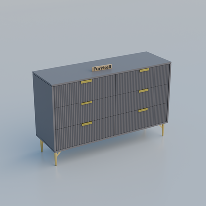 Fluted 6-Drawer Dresser – Sleek Gray & Gold Furnitell