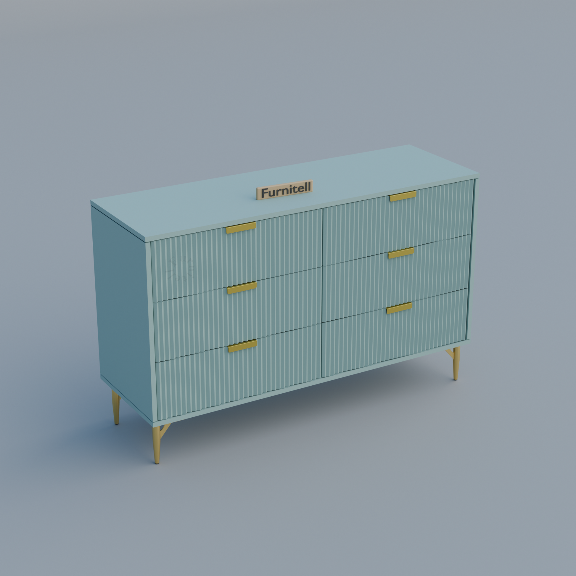 Fluted 6-Drawer Dresser – Dusty Blue & Gold Furnitell