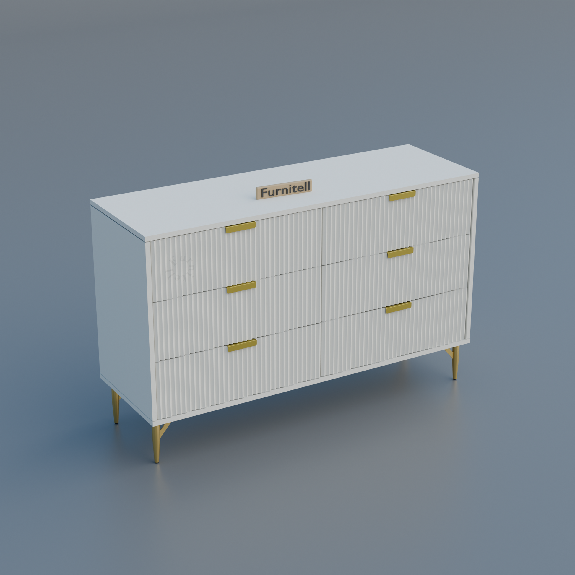 Fluted 6-Drawer Dresser – Crisp White & Gold Furnitell