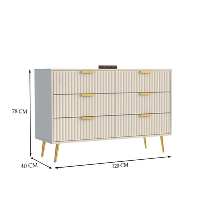 Modern Fluted 6-Drawer Dresser – WHITE & Gold Elegant Storage Console Furnitell