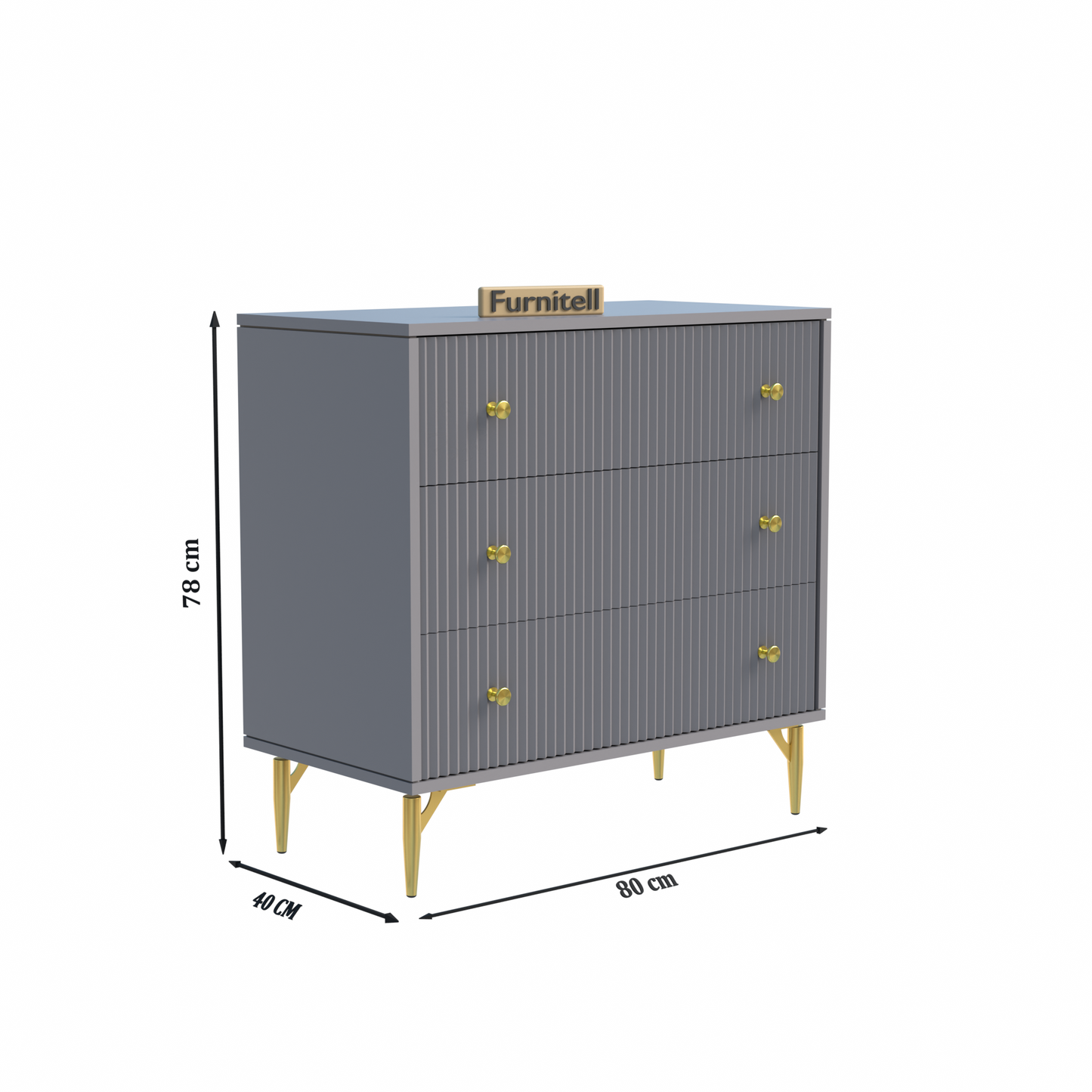 Furnitell Modern 3-Drawer Fluted Chest – Contemporary Grey Furnitell
