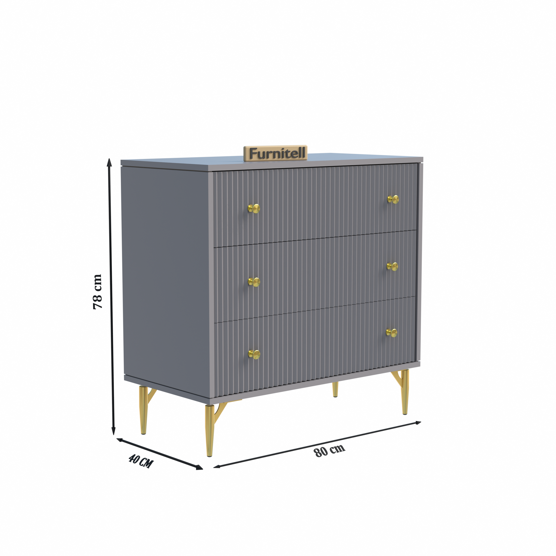 Furnitell Modern 3-Drawer Fluted Chest – Contemporary Grey Furnitell