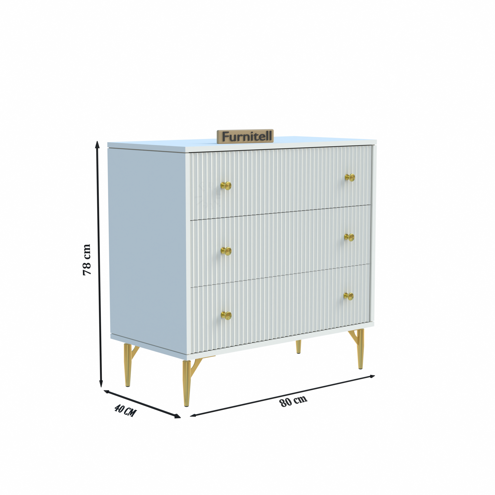 Furnitell Clara 3-Drawer Fluted Dresser – White & Gold Furnitell