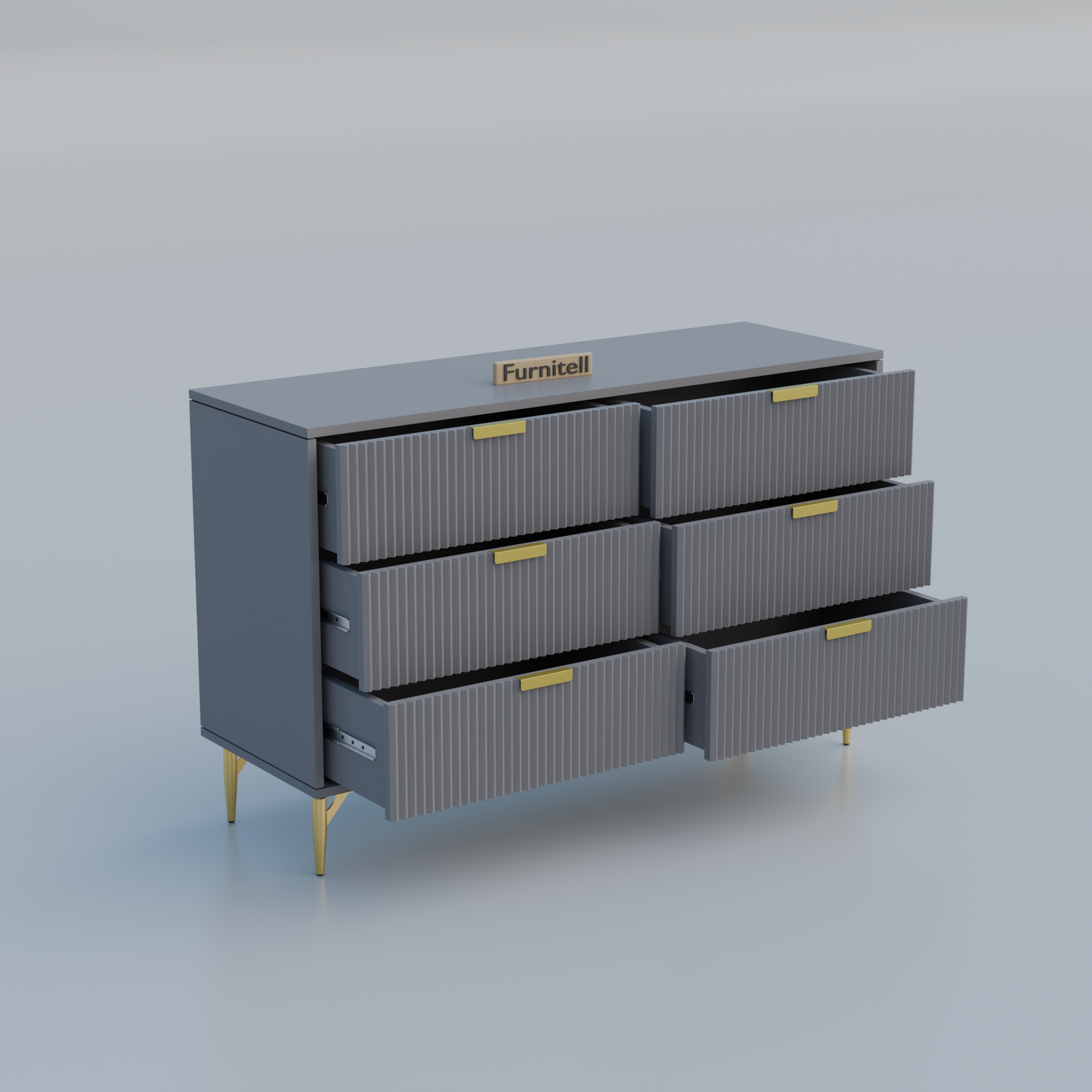 Fluted 6-Drawer Dresser – Sleek Gray & Gold Furnitell