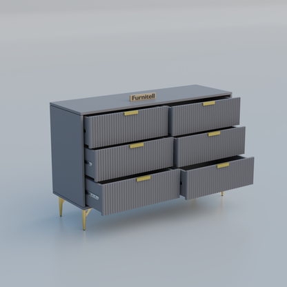 Fluted 6-Drawer Dresser – Sleek Gray & Gold Furnitell