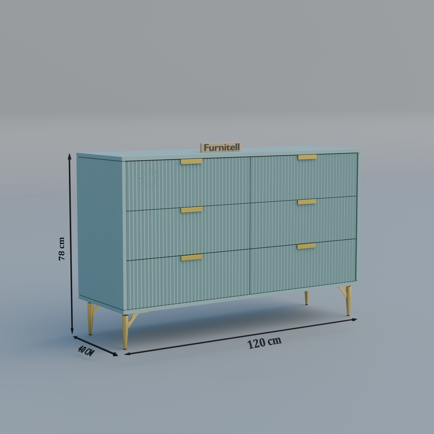 Fluted 6-Drawer Dresser – Dusty Blue & Gold Furnitell