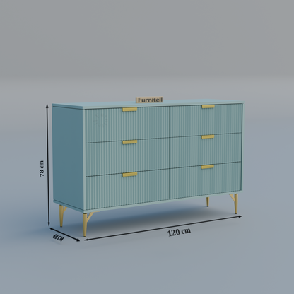 Fluted 6-Drawer Dresser – Dusty Blue & Gold Furnitell