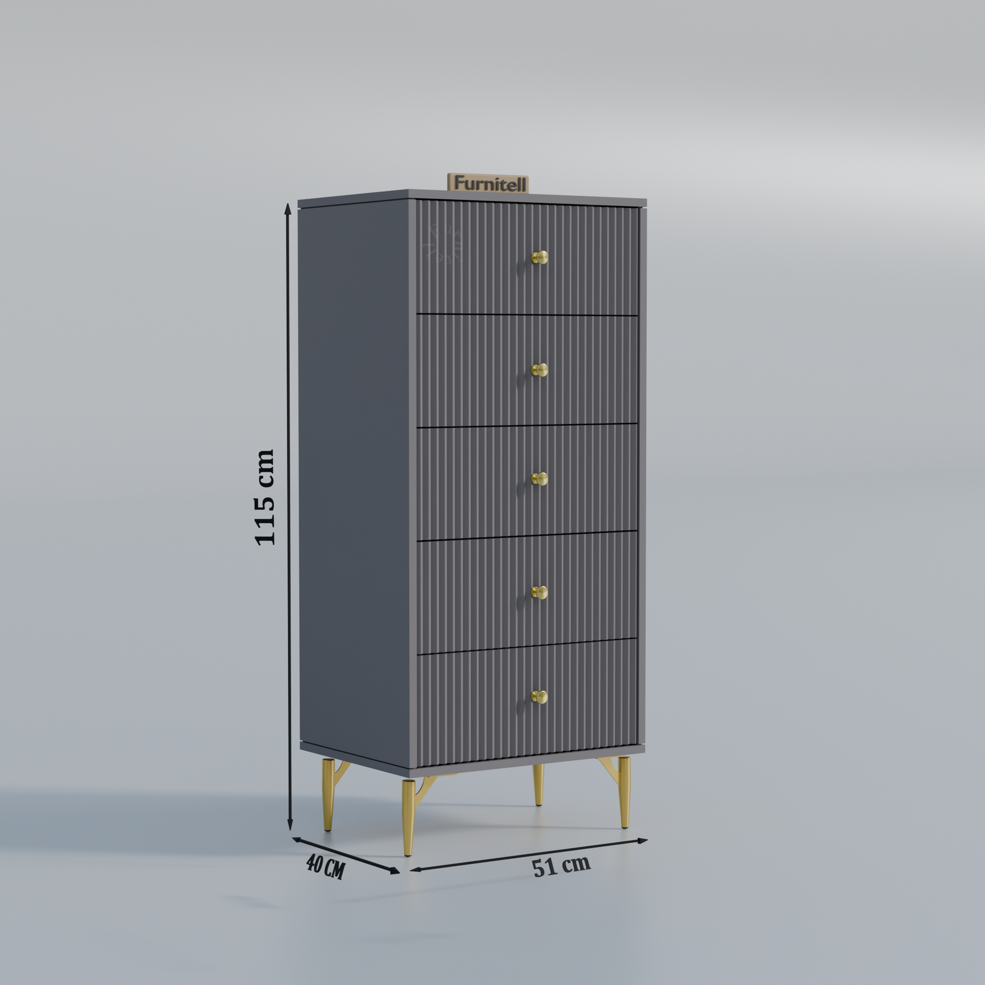 Furnitell 5-Drawer Fluted Tallboy Dresser(Charcoal Grey) Furnitell