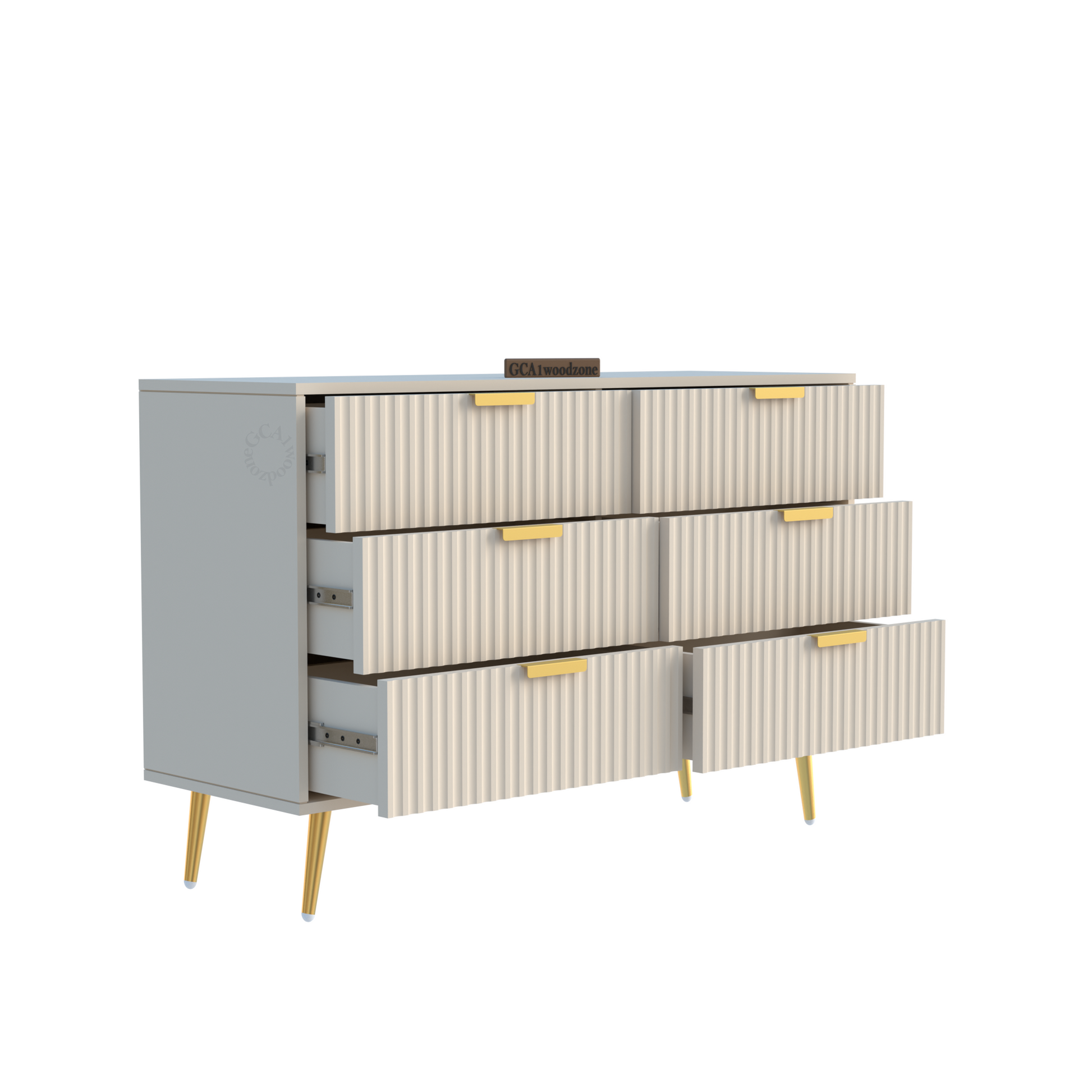 Modern Fluted 6-Drawer Dresser – WHITE & Gold Elegant Storage Console Furnitell