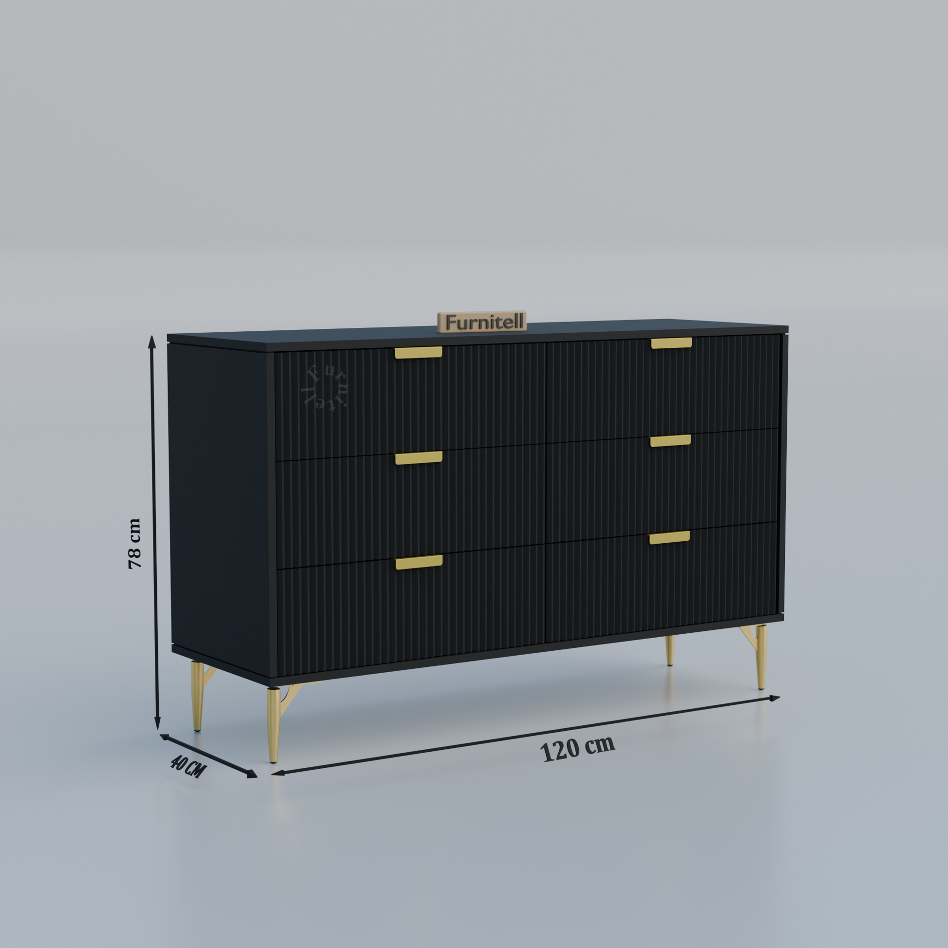 Fluted 6-Drawer Dresser – Matte Black & Gold Furnitell