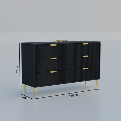 Fluted 6-Drawer Dresser – Matte Black & Gold Furnitell