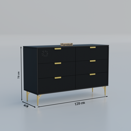 Fluted 6-Drawer Dresser – Matte Black & Gold Furnitell