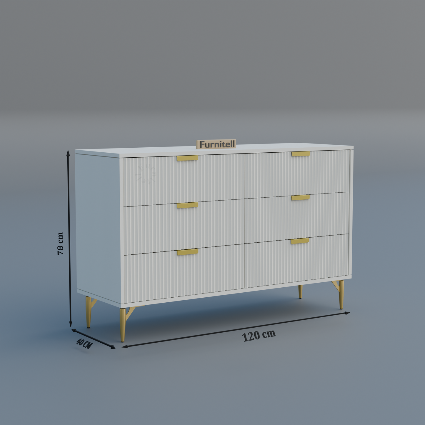 Fluted 6-Drawer Dresser – Crisp White & Gold Furnitell