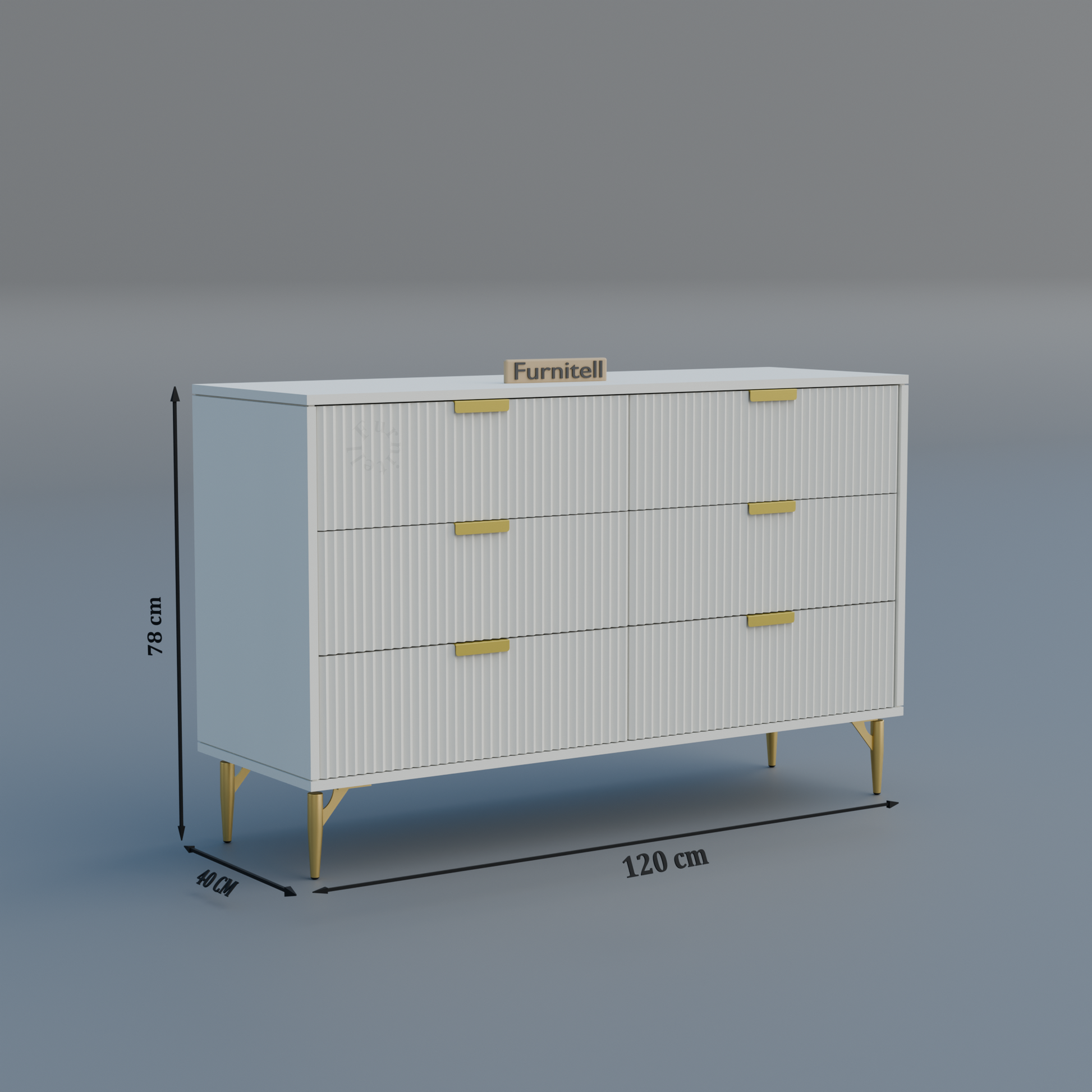 Fluted 6-Drawer Dresser – Crisp White & Gold Furnitell
