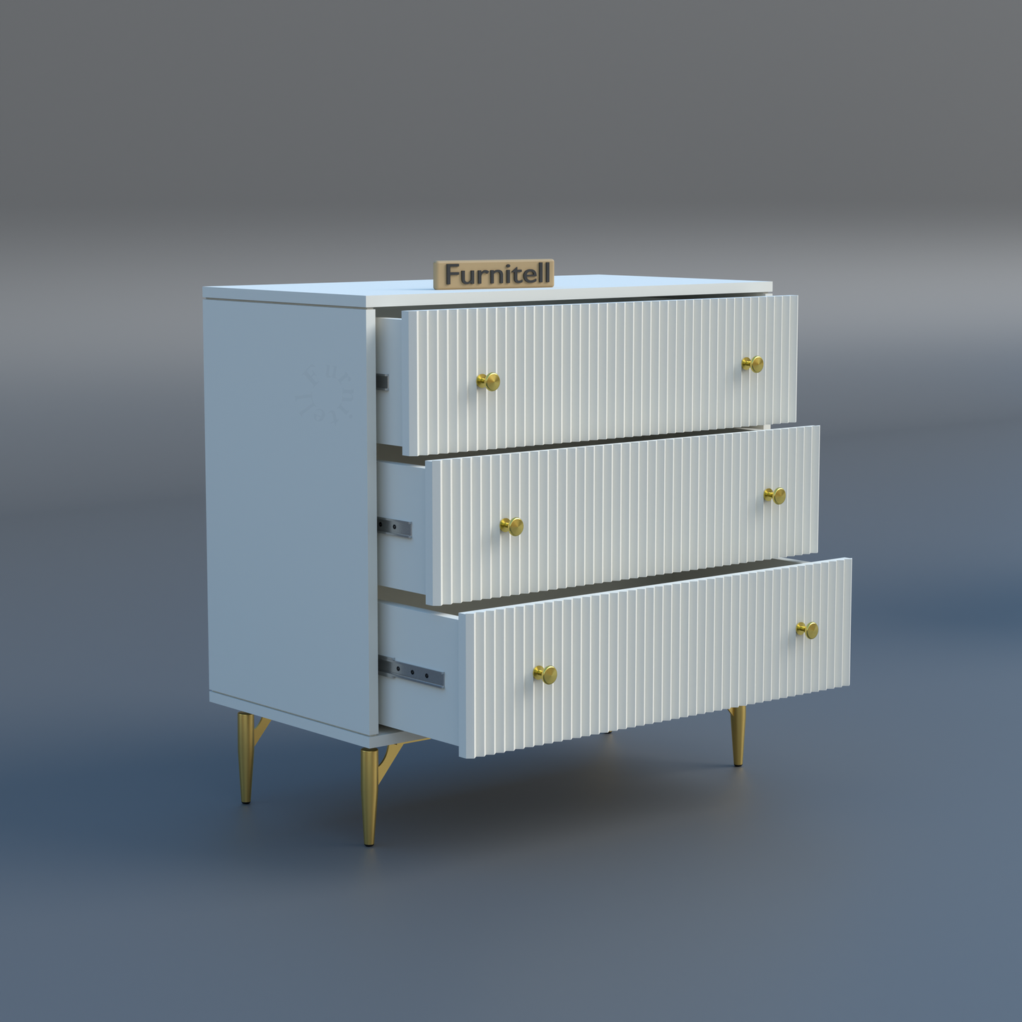 Furnitell Clara 3-Drawer Fluted Dresser – White & Gold Furnitell