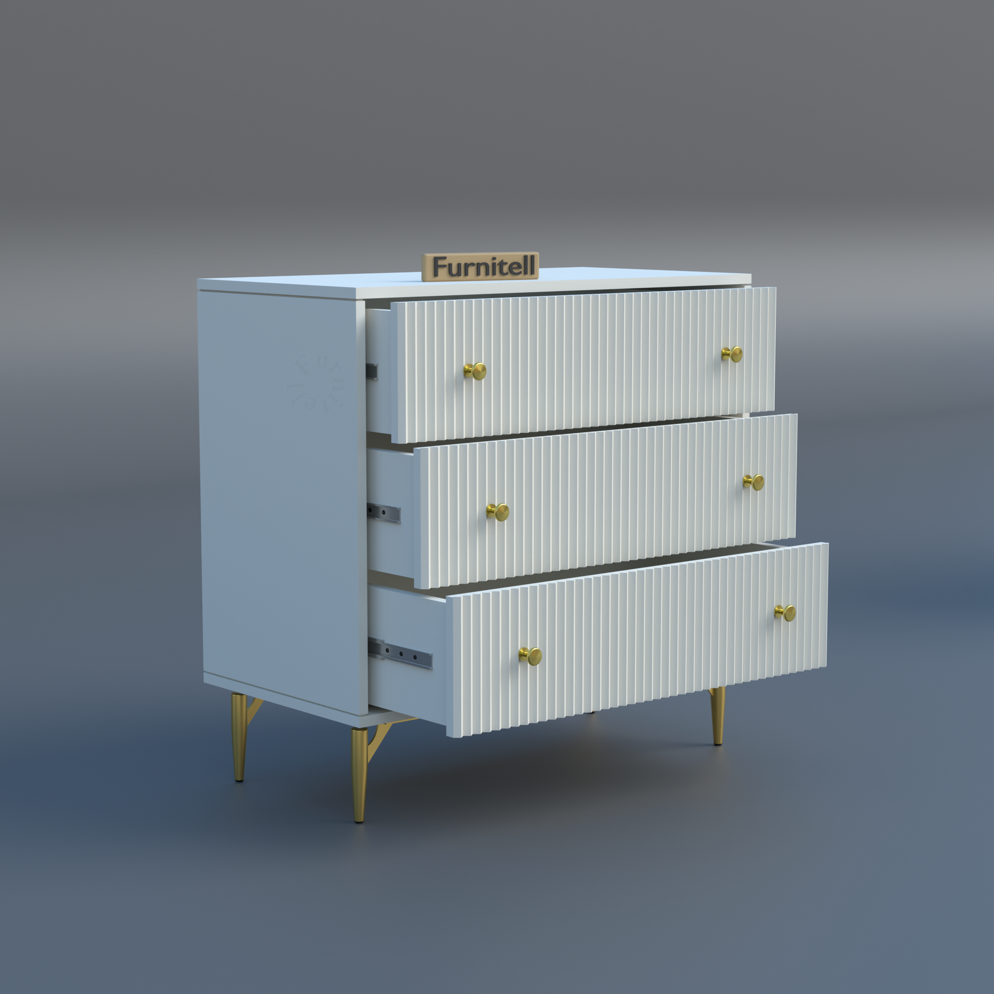 Furnitell Clara 3-Drawer Fluted Dresser – White & Gold Furnitell