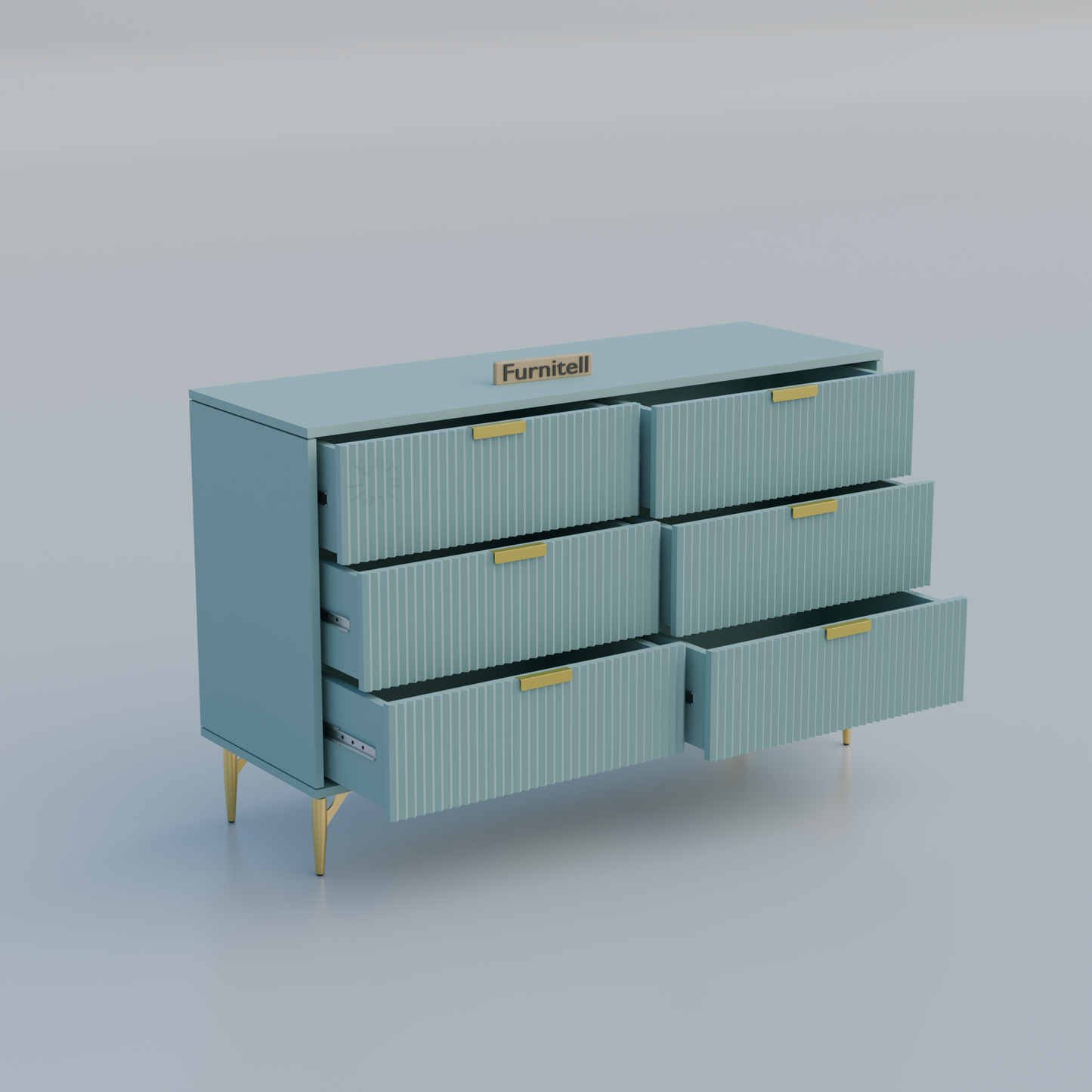 Fluted 6-Drawer Dresser – Dusty Blue & Gold Furnitell