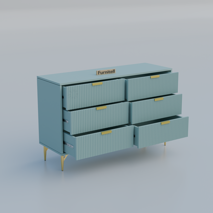 Fluted 6-Drawer Dresser – Dusty Blue & Gold Furnitell