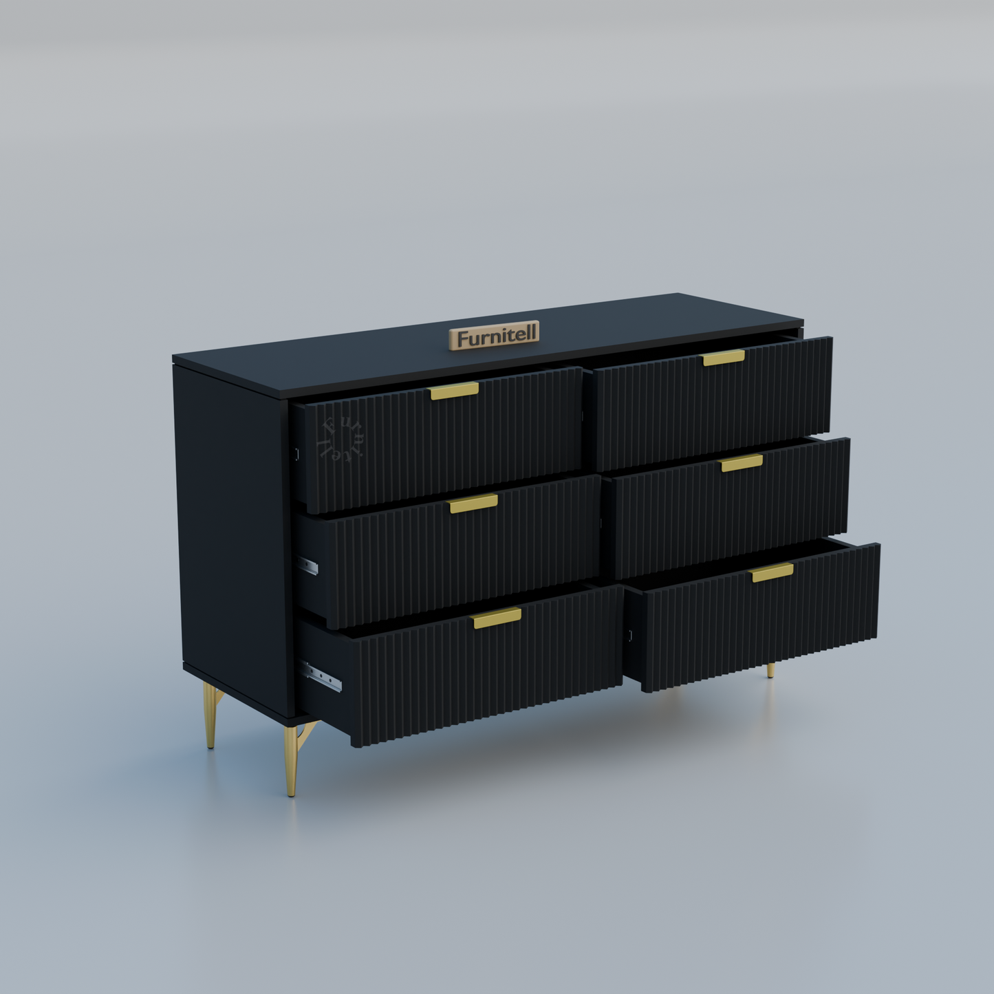 Fluted 6-Drawer Dresser – Matte Black & Gold Furnitell