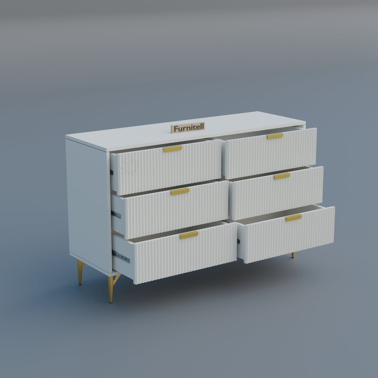 Fluted 6-Drawer Dresser – Crisp White & Gold Furnitell