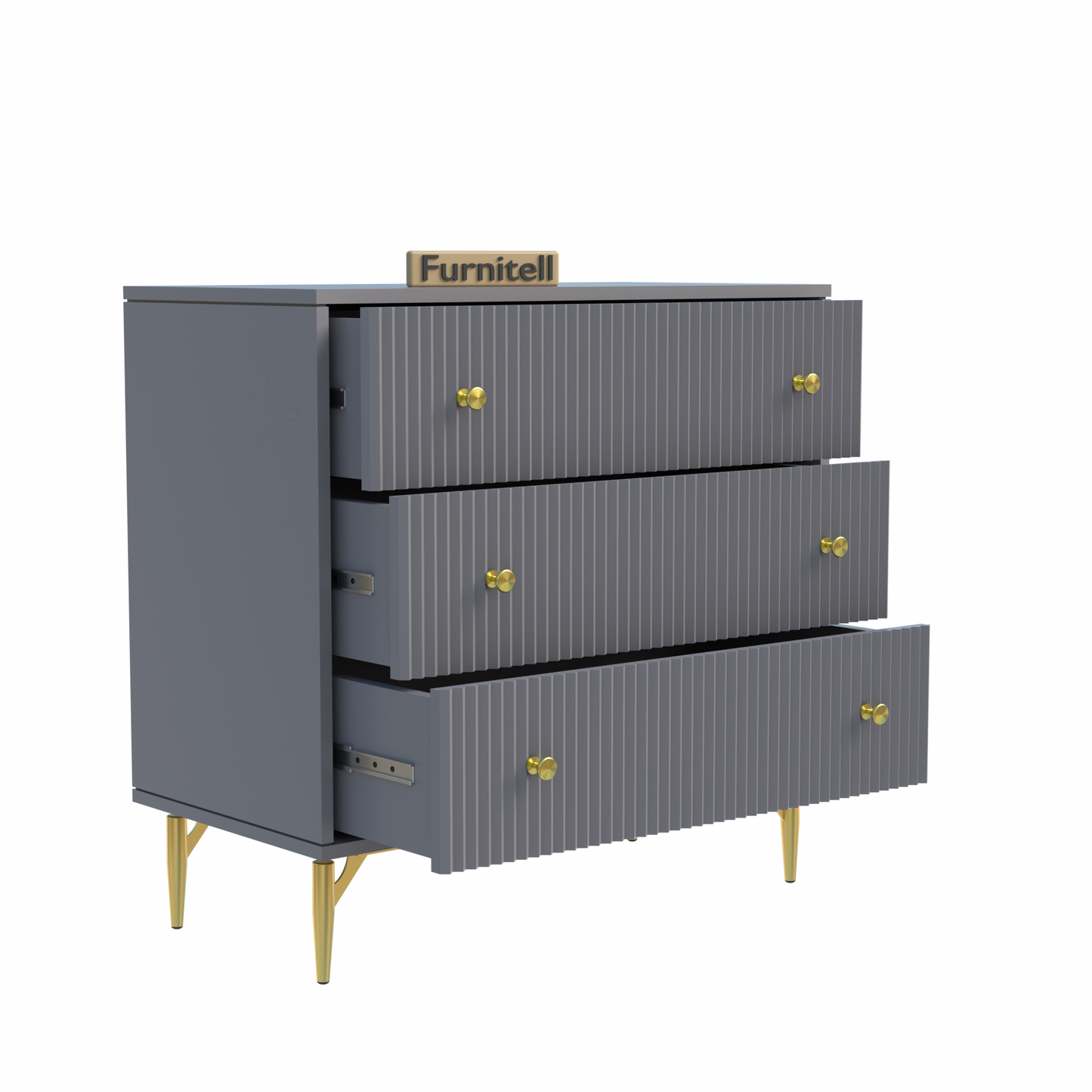 Furnitell Modern 3-Drawer Fluted Chest – Contemporary Grey Furnitell