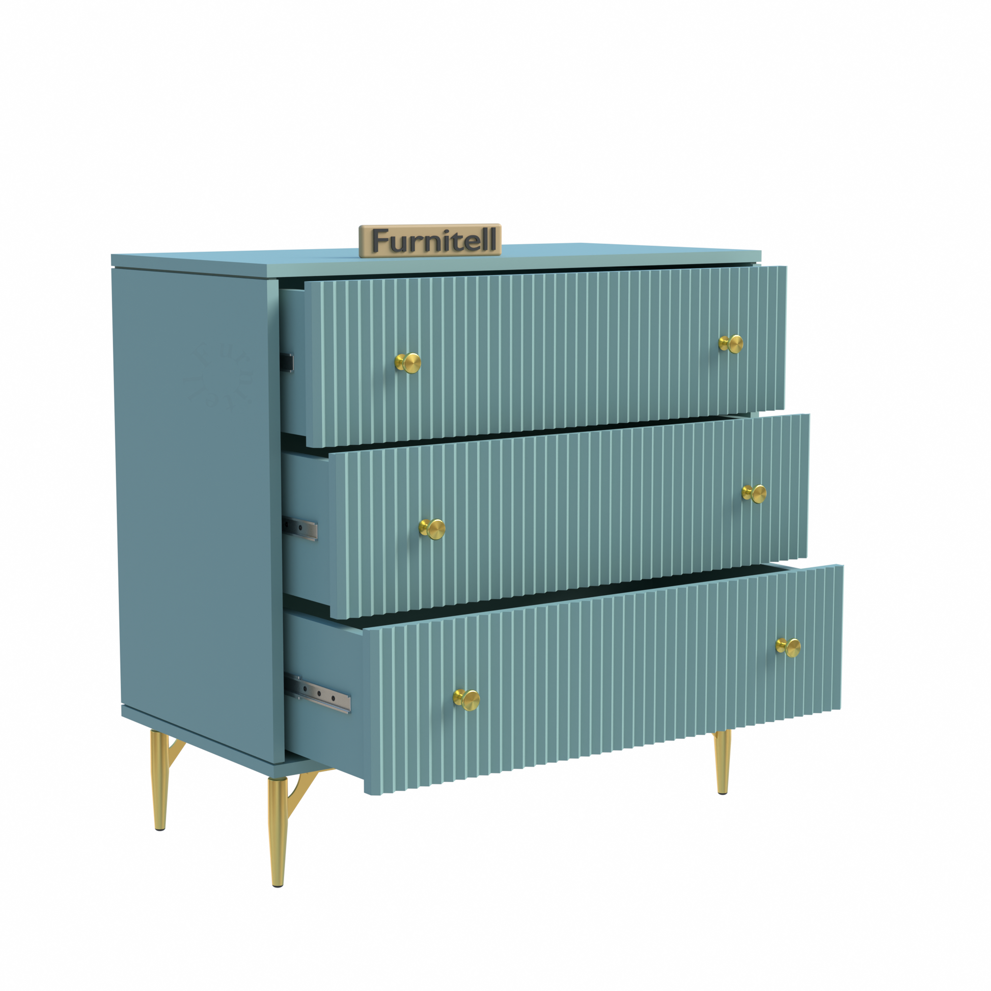 Furnitell Aurelia 3-Drawer Accent Chest – Fluted Light Blue Furnitell