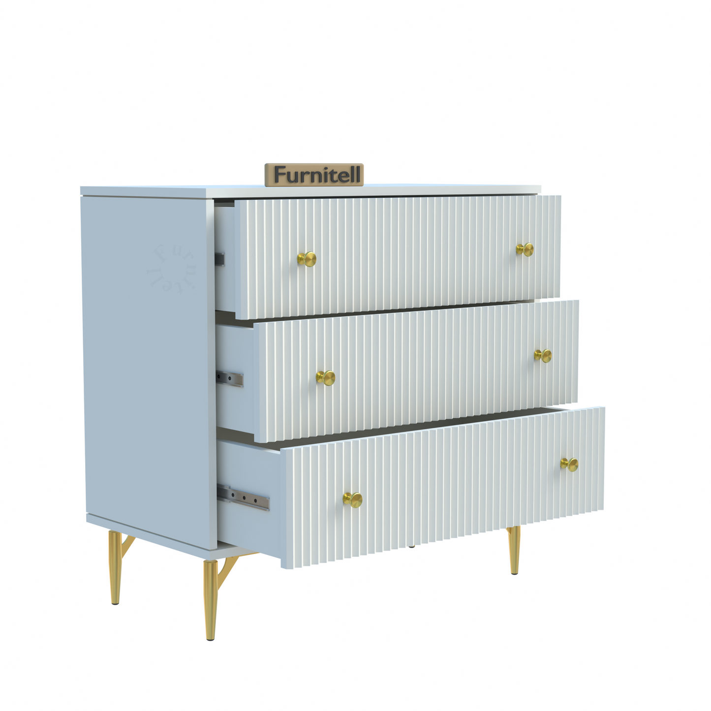 Furnitell Clara 3-Drawer Fluted Dresser – White & Gold Furnitell