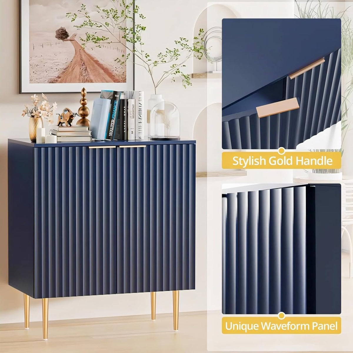 Navy Blue Fluted Sideboard Cabinet | Modern Storage furnitell