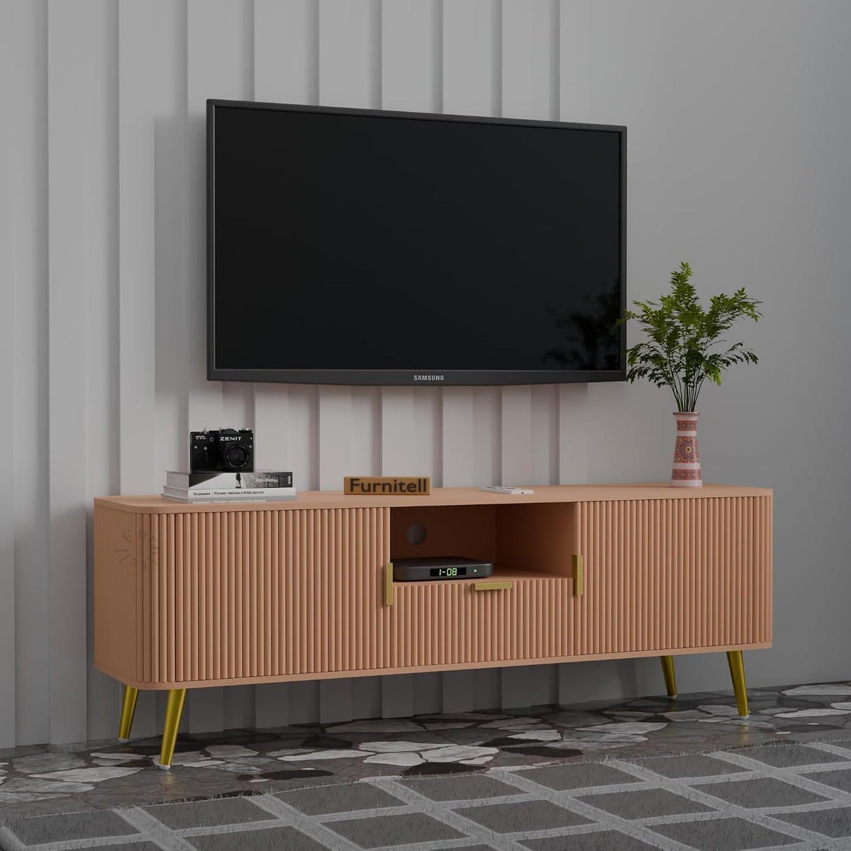 Walnut Brown Fluted TV Unit | Modern Storage Cabinet Furnitell