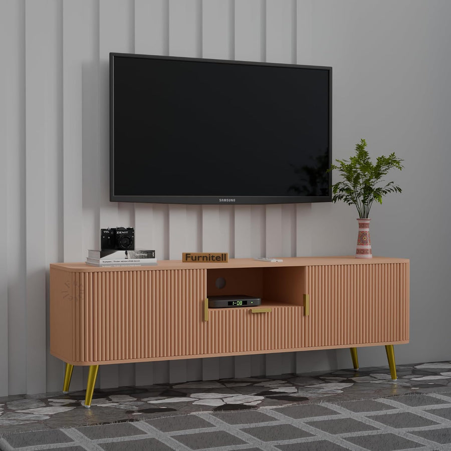 Walnut Brown Fluted TV Unit | Modern Storage Cabinet Furnitell