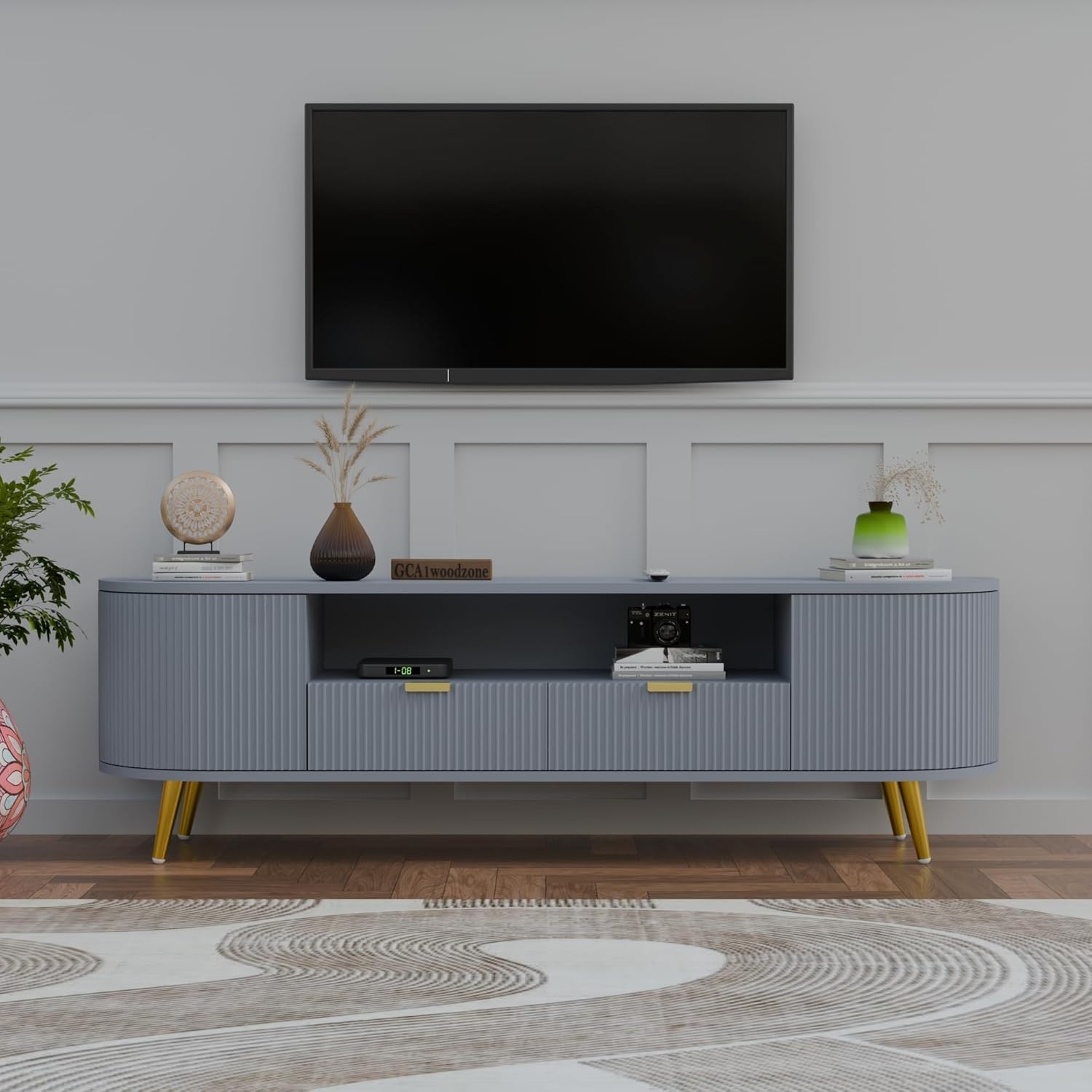 Light Grey Fluted TV Unit | Modern Entertainment Storage Furnitell