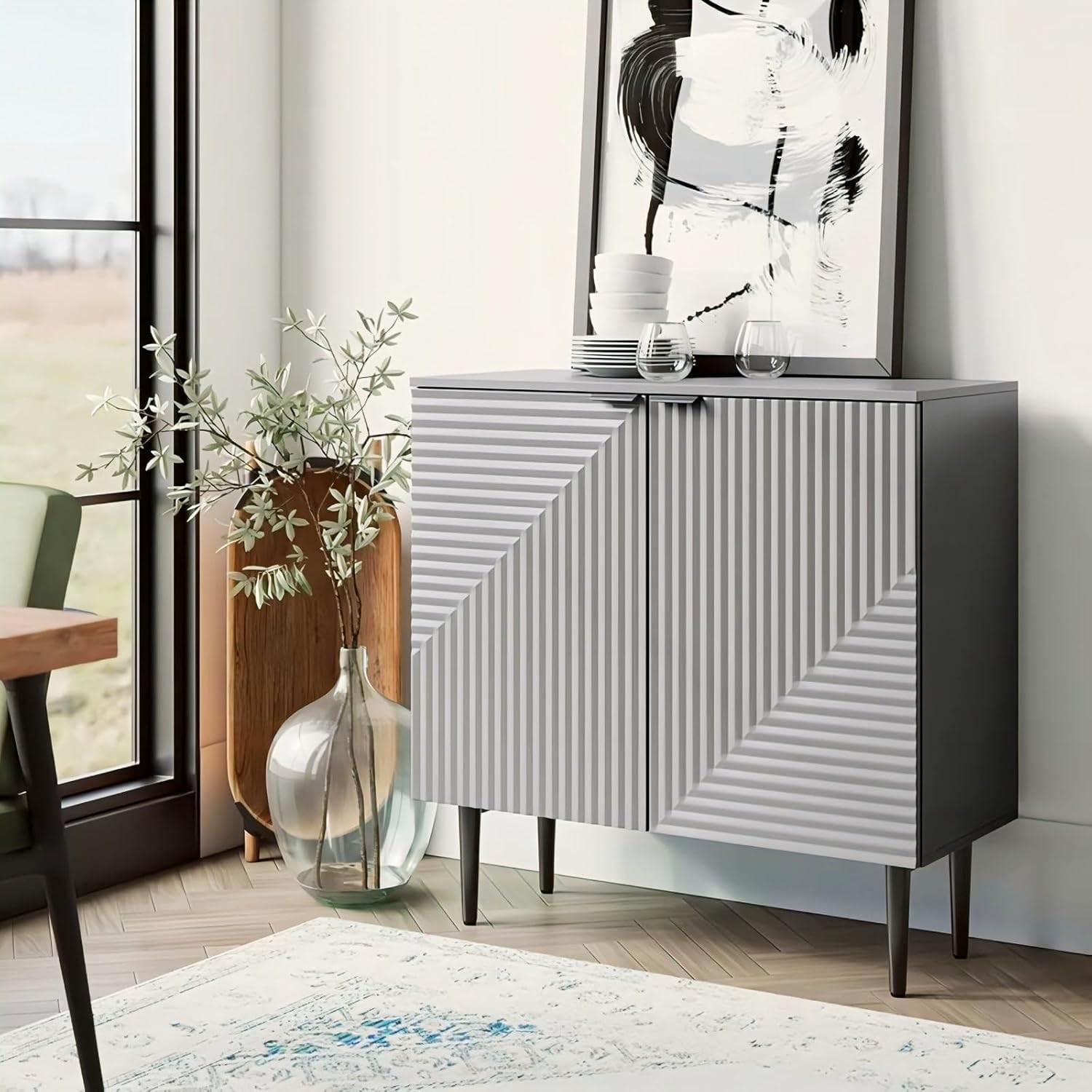 White Geometric Fluted Sideboard Cabinet | Modern Storage Furnitell